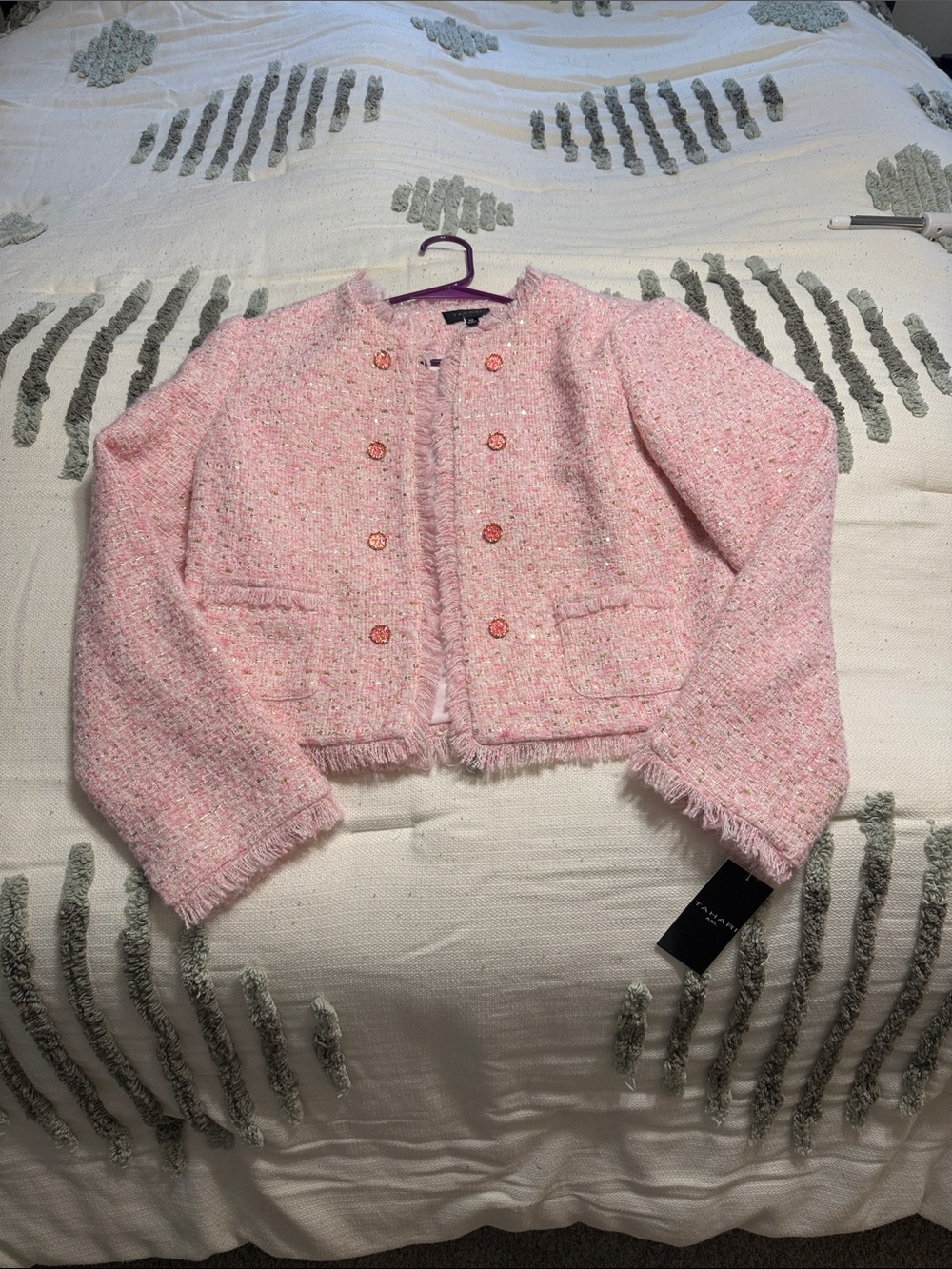 Tahari Pink Tweed Fringe Button Jacket